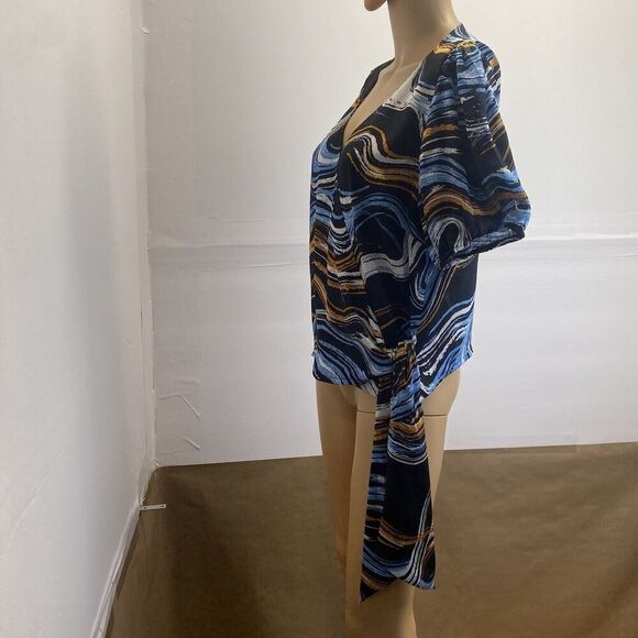 Nine West Blouse Wrap Top Silky Shirt Womens Size Large Short Sleeve Tie Waist - Picture 15 of 15